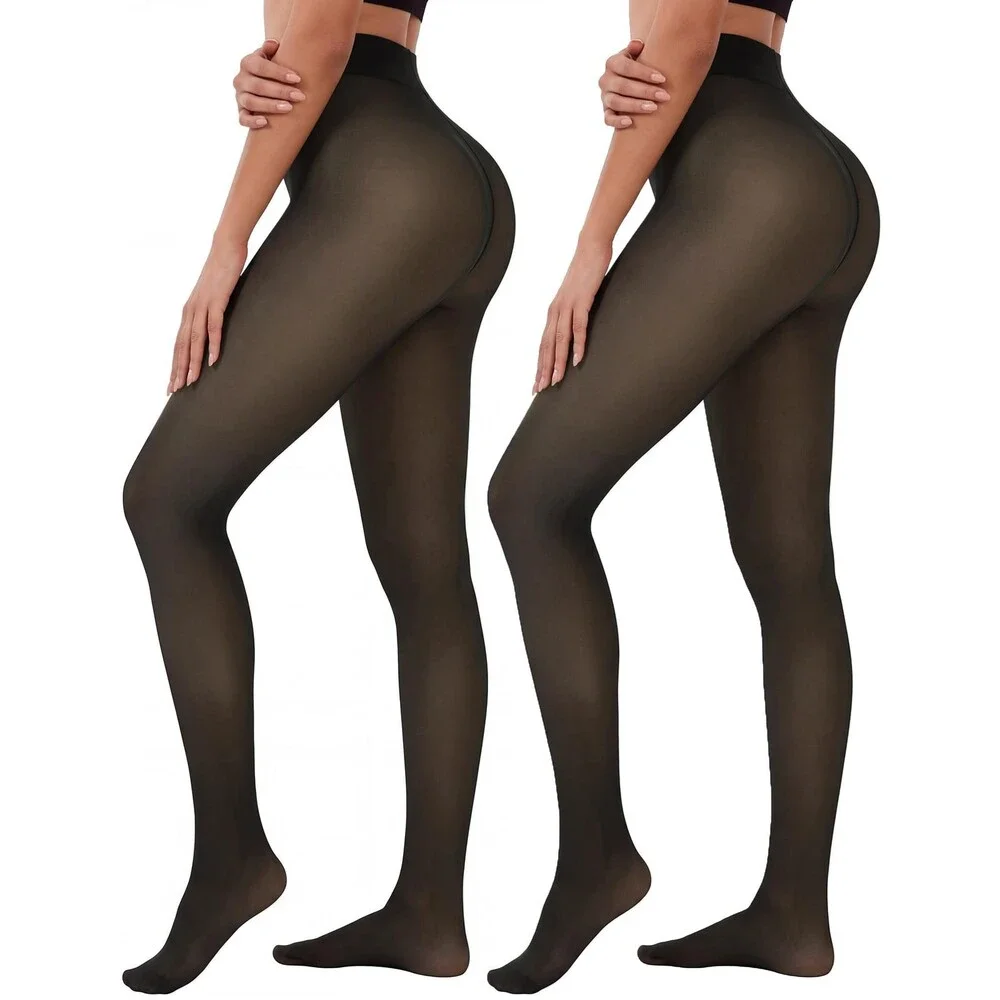 NexiEpoch Women's Black 2 Pairs Fleece Lined Tights Pantyhose Sheer Thick L-XL